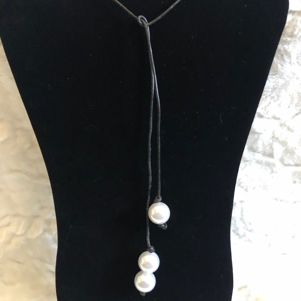Long Leather Cord Necklace with Faux Pearls.